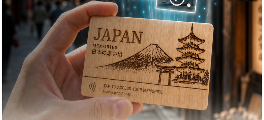 Hand holding the Omoide-Tap hinoki card — Japan memories opening from wood